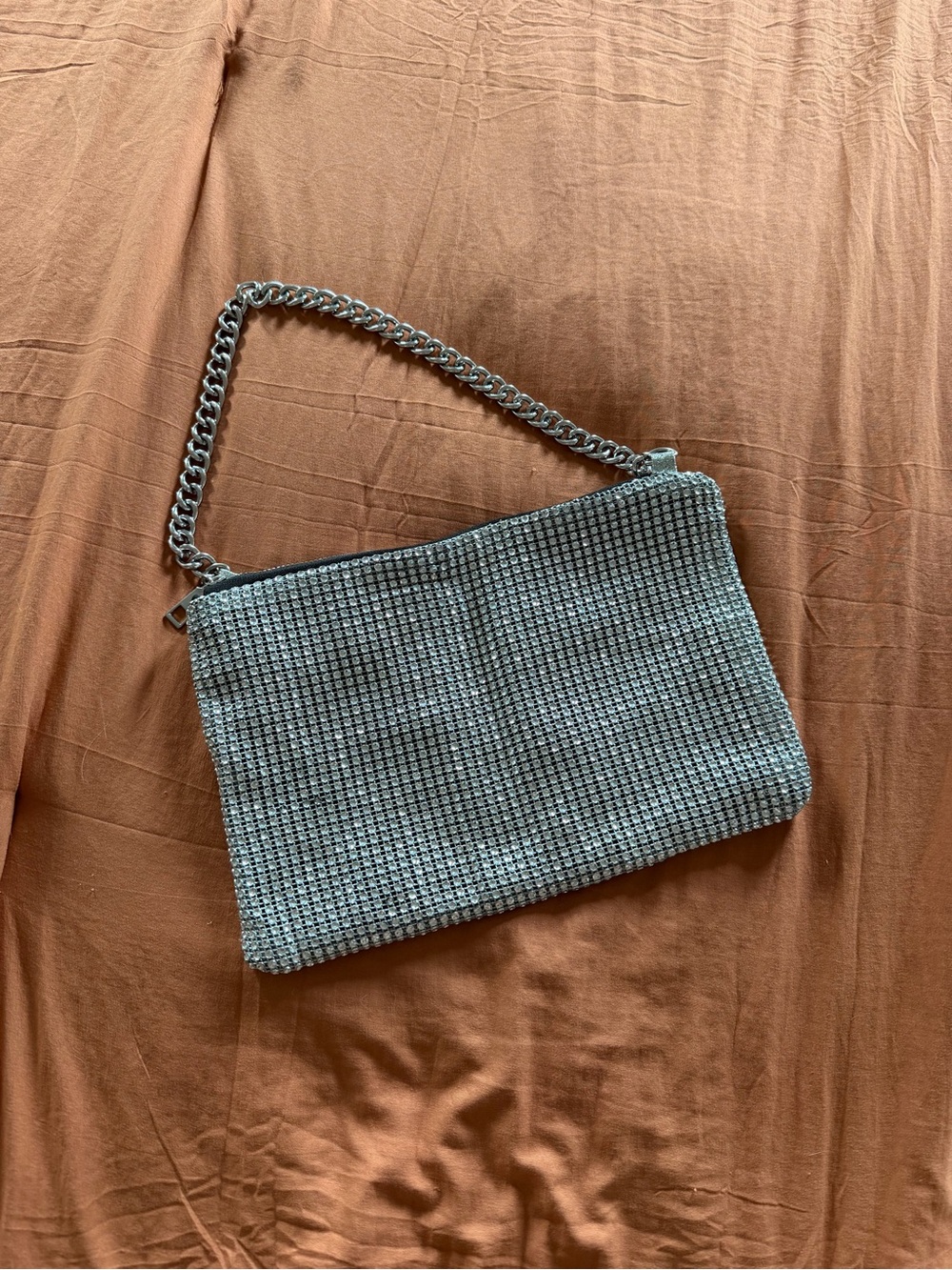 Silver Crystal Mesh Chain-Handle Clutch